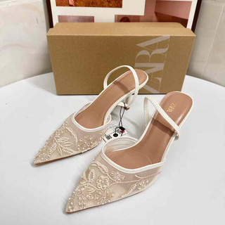 giày nữ đế nhọn quai thun nhẹ inbox size Giày cao gót Z mũi nhọn vải lưới thêu hoa phong cách tiểu thư Mary Jane