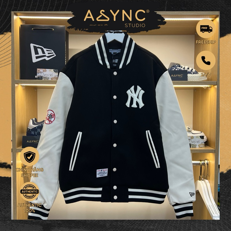 (Auth) Áo Khoác Varsity Bomber Nỉ New Era x MLB NY Yankees Champions Tay Da Lót Bông Đen CODE 143978