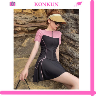 Bộ áo tắm sét đồ bơi đi biển áo tay ngắn kín đáo váy xòe phối viền tôn dáng KONKUN MS160