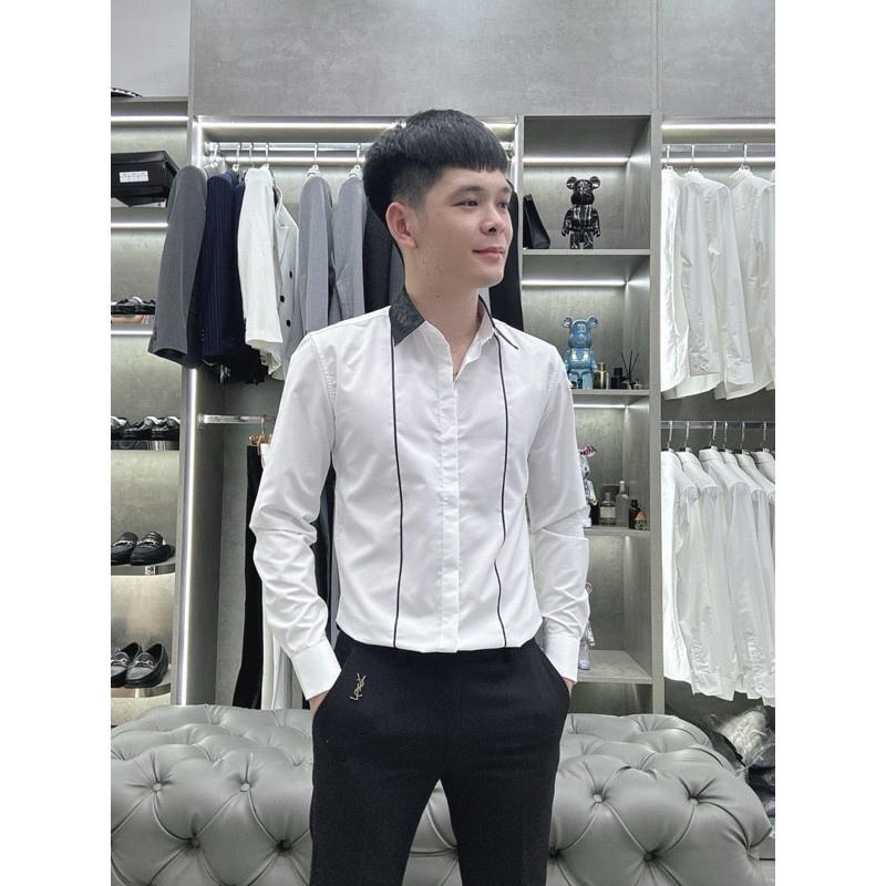 Áo Sơ Mi cổ lụa đen mix sọc đen dọc thân