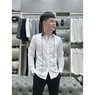 Áo Sơ Mi cổ lụa đen mix sọc đen dọc thân