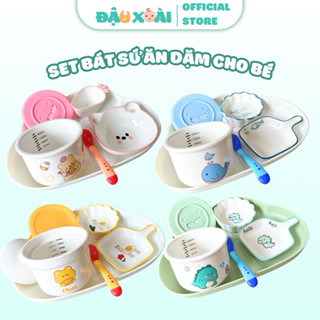 [Mới] Set bát sứ ăn dặm cho bé kèm khay mây tặng thìa báo nóng, chén ăn dặm set nhiều hình ngộ nghĩnh