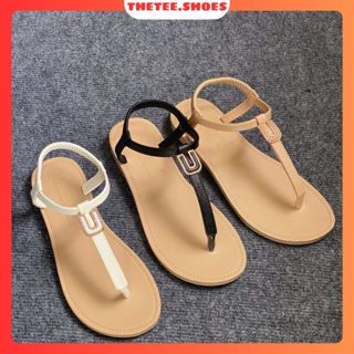 Dép Sandal Nữ Đế Thấp Quai Kẹp Da Mềm Xỏ Ngón 1 Dây Đính Charm Chữ U Phù Hợp Đi Biển, Đi Du Lịch Size 36_40
