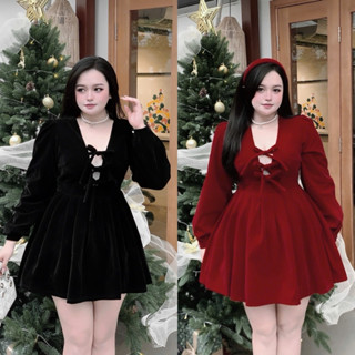 đầm Nhung 3 nơ 55-90kg Quỳnh như bigsize