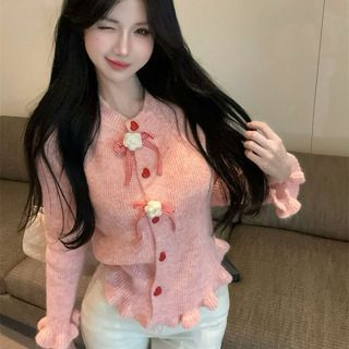 Áo Khoác Cadigan Lông Thỏ, Áo Len Dệt Kim Cài Cúc Tim Đỏ Phối Hoa Ruy Băng Viền Bèo Tiểu Thư Hàng Qccc L241 K-10.3