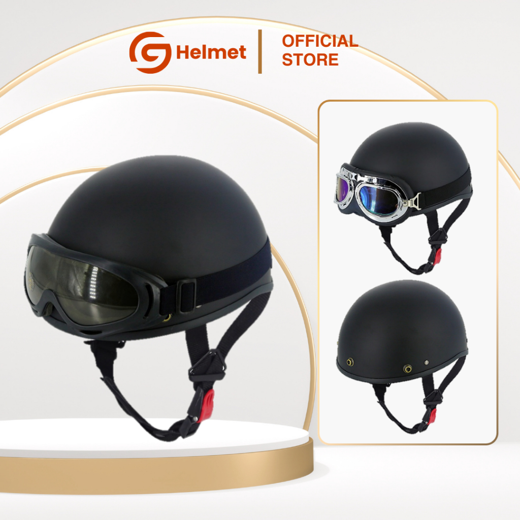  Mũ bảo hiểm nửa đầu ĐEN TRƠN gắn kính phi công kính UV bảy màu màu đen chất chơi 