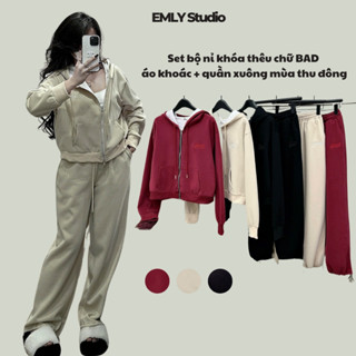  Set Nỉ Khóa Kèm Mũ Quần Xuông Thêu Chữ BAD Set Bộ Áo Khoác Kèm Mũ Quần Xuông KIỀU TRANG BASIC 