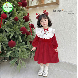  Váy đỏ Noel dáng babydoll VẢI NHUNG LẤP LÁNH cổ yếm thêu hoạ tiết Giáng sinh tách rời cho bé gái từ 1-7 tuổi 