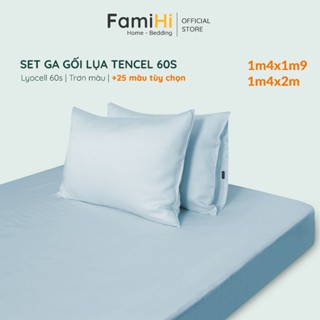 Bộ ga gối 3 món lụa Tencel Lyocell 60S 1m4x1m9 1m4x2m FamiHi trơn màu cao cấp, set ra nệm bo chun, 2 vỏ gối 50x70cm