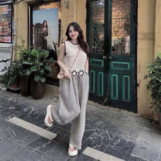 D21 Bộ Nữ Áo Len Dệt Kim Viền Hoa Phối Quần Dài Sọc Suông Đũi Xước Lưng Cao,đi chơi ở nhà đều xinh