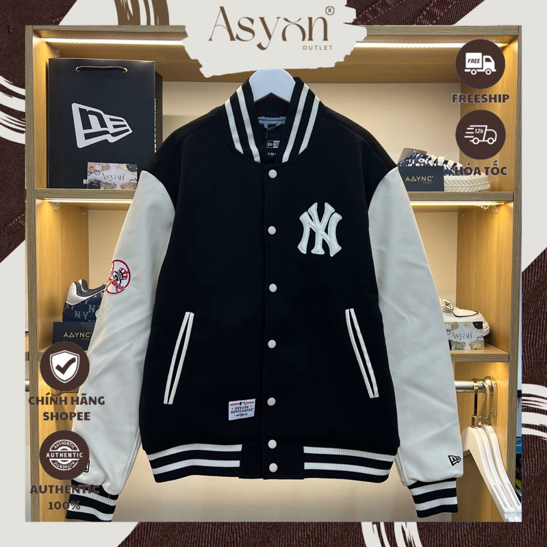 (Auth) Áo Khoác Varsity Bomber Nỉ New Era x MLB NY Yankees Champions Tay Da Lót Bông Đen CODE 143978