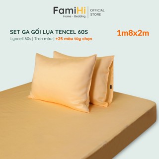 Bộ 3 món ga gối 1m8x2m lụa tencel 60S FamiHi trơn màu cao cấp, set 1 ra trải nệm, 2 vỏ gối 50x70
