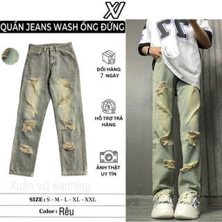 quần suông ống rộng jean màu bụi rách  nhiều Menswear Nam Ong Pants Có Túi Loang Đen jean (40)