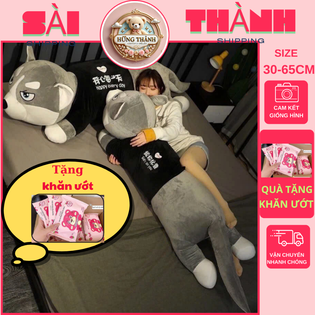 [TẶNG KHĂN ƯỚT] Gấu Bông Chó Husky Mặt Ngáo  , Gấu Bông Husky , gấu bông siêu to