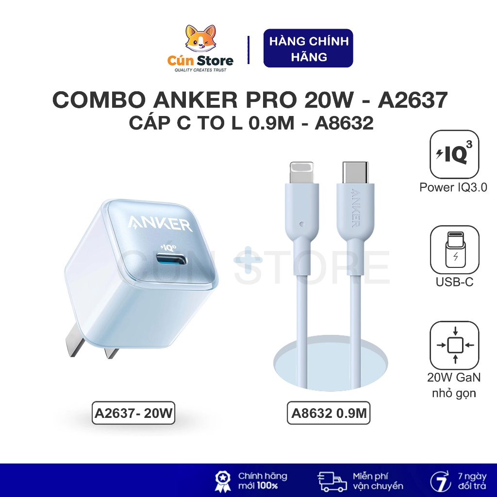 Bộ sạc Anker Nano Pro A2637 20W PD/IQ 3.0 và Cáp Anker A8632 dài 0.9m siêu bền | Bảo hành 12 tháng