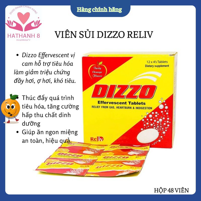 CHÍNH HÃNG: Vỉ 4 viên Sủi Làm Hỗ trợ tiêu hoá Giảm đầy hơi, khó tiêu, ợ chua DIZZO Effervescent Vị C