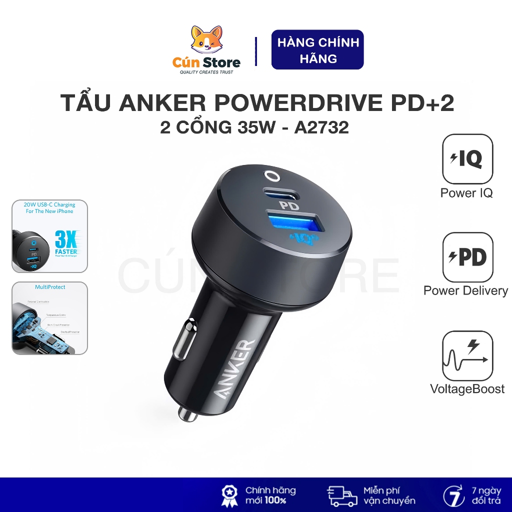Tẩu sạc ô tô Anker PowerDrive 35W 2 cổng A2732, sạc nhanh 20W | Bảo hành 12 tháng