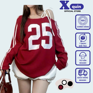 Áo sweater dài tay trễ vai phối cột dây in số 22 cực xinh Xquin, Áo kiểu nữ lệch vai form rộng phong cách Hàn Quốc