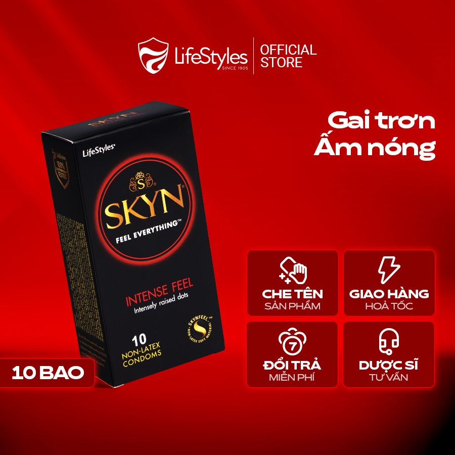 Bao cao su gân gai Lifestyles SKYN Intense, bao cao su siêu mỏng, nonlatex cao cấp H10 bcs