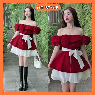 Set áo nhung đỏ trễ vai bèo nhún tặng dây đai eo + Chân váy tơ xốp dáng xoè HB667