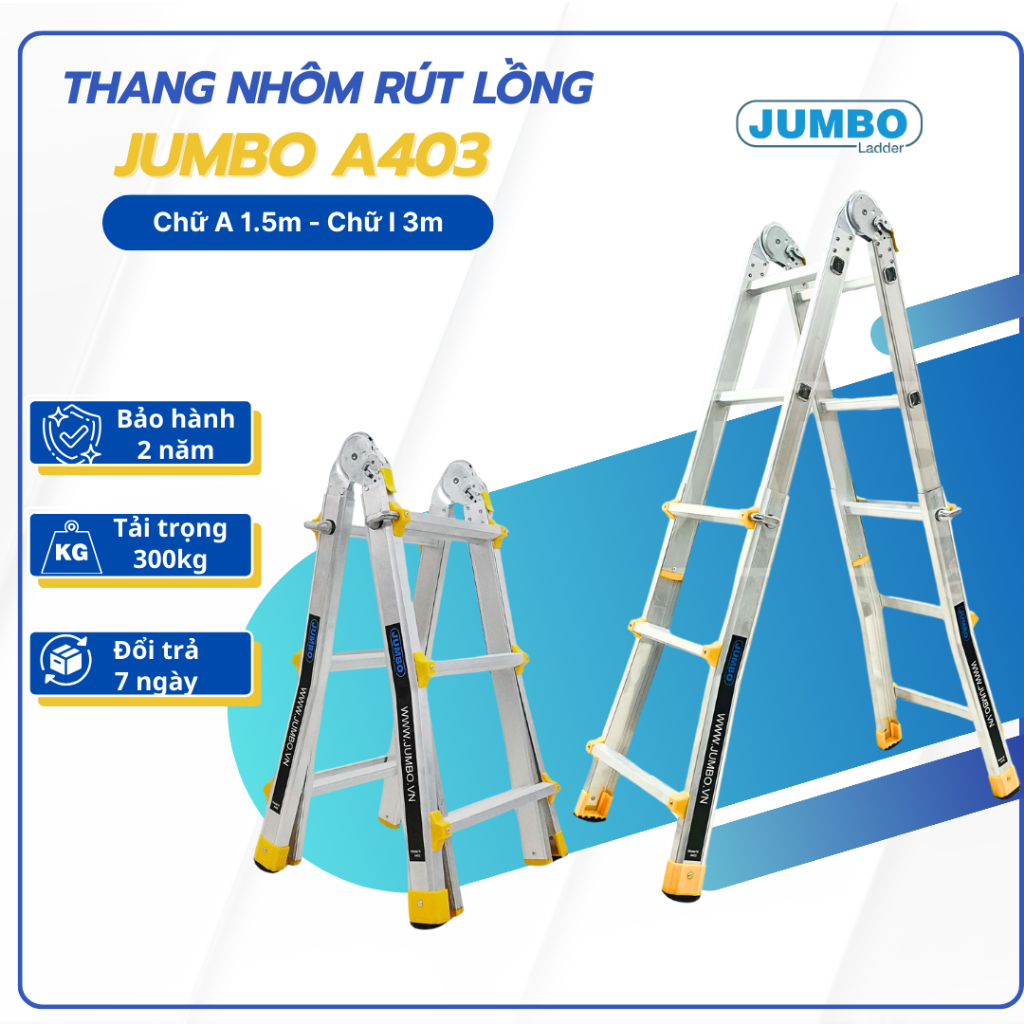 Thang nhôm rút lồng JUMBO A403, chữ A cao nhất 1.4m, chữ I cao nhất 2.8m, tải trọng 300kg