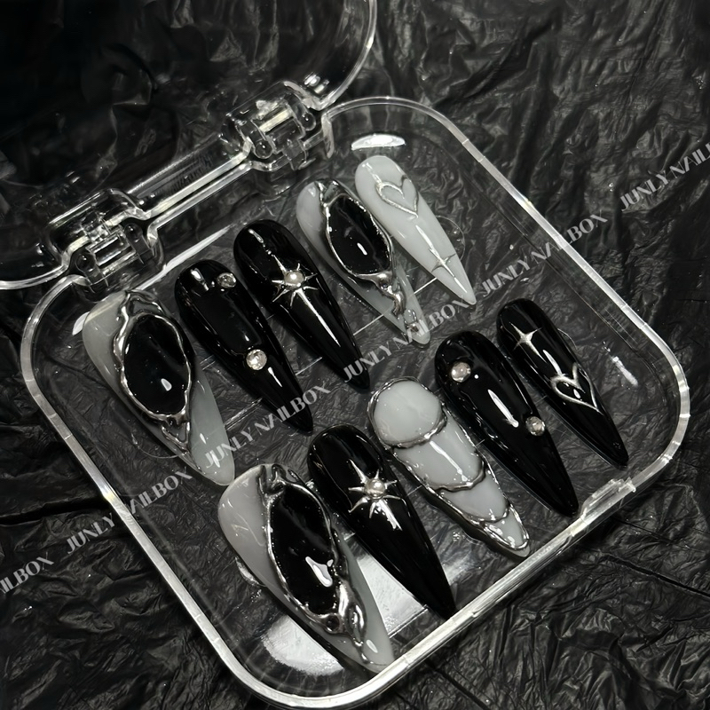 Nailbox tráng gương đen trắng JUNLY - nail box thiết kế móng giả đính đá siêu sáng cá tính 162