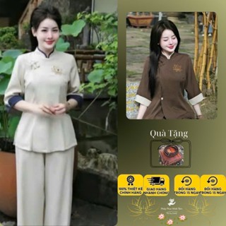 Ms68 Bộ lam đi chùa nữ vải Đũi thái thêu sen TT3, set đồ phật tử thanh lịch sang trọng