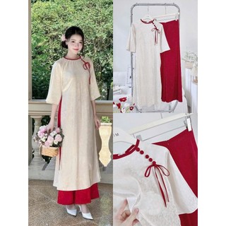  Set bộ ÁO DÀI cách tân dáng suông áo gấm hoa cổ tròn nút bọc xịn cột dây nơ tay ống loe phối quần tuyết nhung màu đỏ 