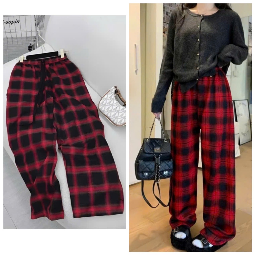 Quần Dạ Kẻ Caro Dây Rút Form Rộng Thể Thao Cá Tính Vải Dầy Dặn Mềm Mại Cạp Chun Co Dãn MA98