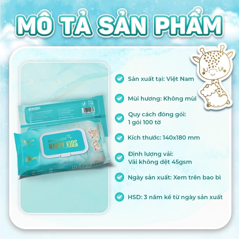 Combo 3 bịch khăn ướt happy kids bịch 100 tờ