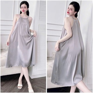 (Freesize 40-70kg) (Kèm quần) Đầm Váy ngủ mặc nhà 2 dây bính cổ yếm Lụa Latin phom to (mẹ bầu - sau sinh mặc được)