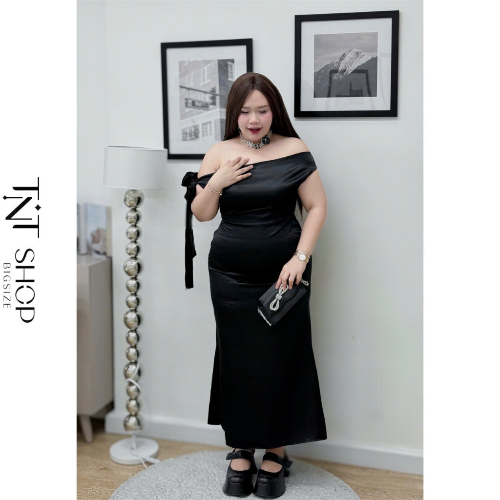 ĐẦM LỤA DÁNG DÀI BIGSIZE LỆCH VAI THẮT NƠ [TNT SHOP BIGSIZE 60KG 90KG]