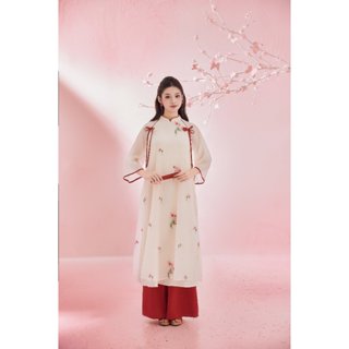   KÈM QUẦN  Áo dài thiết kế áo dài nữ Lan Chi chất liệu tơ thêu hoa phối lụa ngọc trai Tết 2025 thiết kế BY L'AMME 