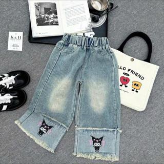 Quần jean xuông rách cạp chun phối nắp túi+Xanh tua rua hoạt hình cho bé gái  màu bò bụi xinh từ 8-30kg ( 1 chi tiết )