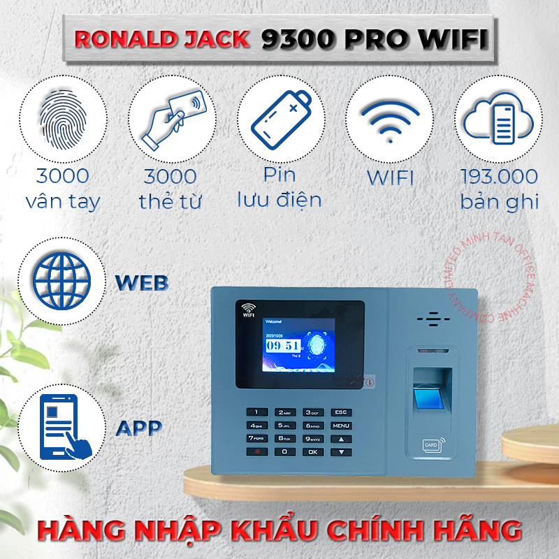 Máy Chấm Công Vân Tay, Thẻ Từ, Mật Khẩu Ronald Jack 9300 PRO WIFI - Chính Hãng, Bảo Hành 12 Tháng