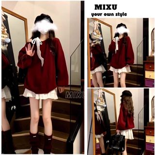  FREESHIP - Set áo nỉ lệch vai buộc nơ form rộng mix chân váy bánh bèo kiểu dáng tiểu thư - MIXU 