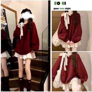  Set áo nỉ lệch vai buộc nơ form rộng mix chân váy bánh bèo kiểu dáng tiểu thư - EOBI 