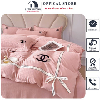  Bộ chăn ga gối phi lụa Chance nơ - Chất liệu lụa mềm mịn thoáng mát không nhăn Thêu Chance có dây buộc nơ đơn giản 