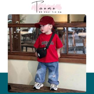 Set áo phông đỏ normal kèm quần jeans rách gối cho bé