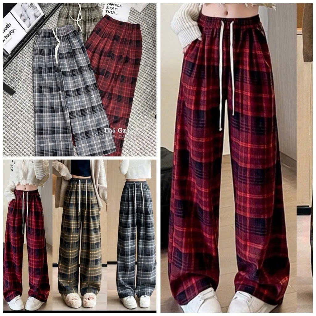 Quần Dạ Kẻ Caro Dây Rút Form Rộng Thể Thao Cá Tính Vải Loại 1 Dầy Dặn Mềm Mại Cạp Chun Co Dãn MA97