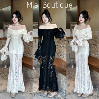 Váy Ren Thiết Kế Trễ Vai Viền Bèo Tay Loe Váy Maxi Đuôi Cá Dáng Dài Mặc Đám Cưới Tiệc Sang Chảnh