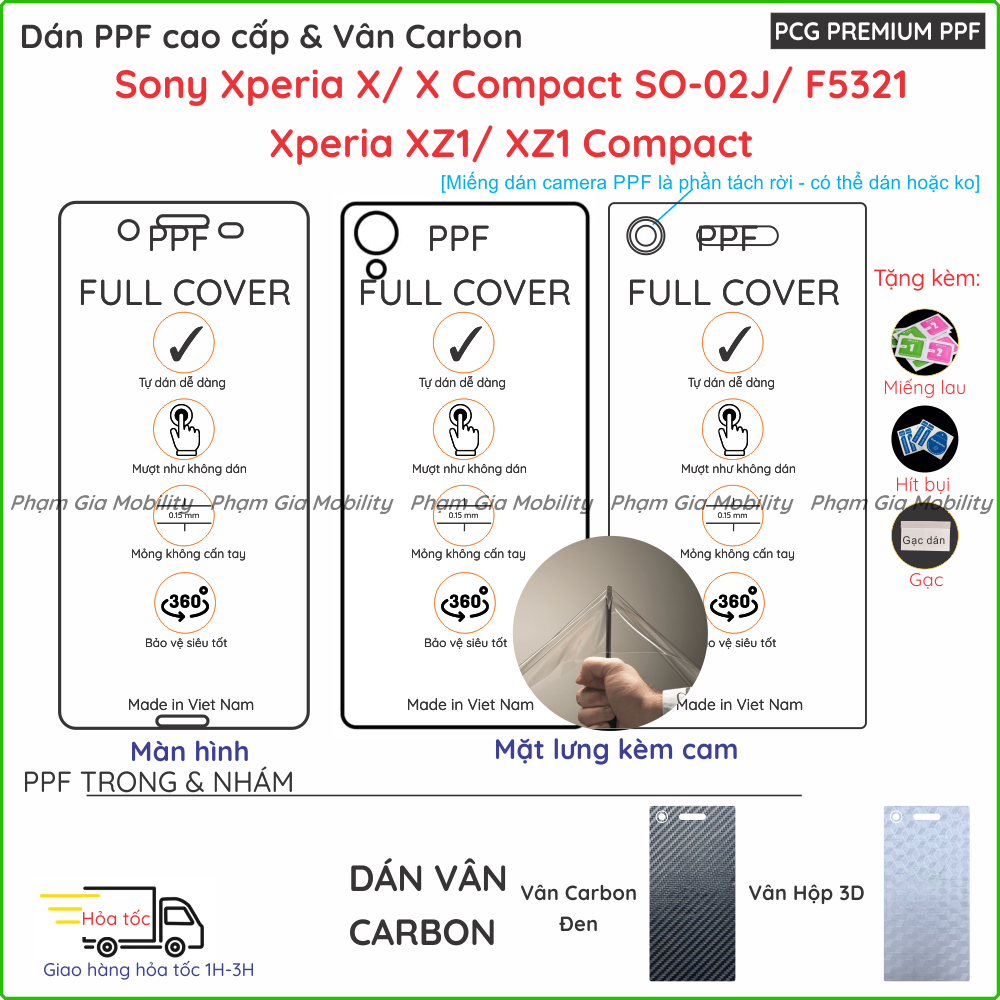 Dán PPF & Skin Carbon Sony Xperia X/ X Compact (SO-02J, F5321)/ Xperia XZ1/ XZ1 Compact loại trong, 