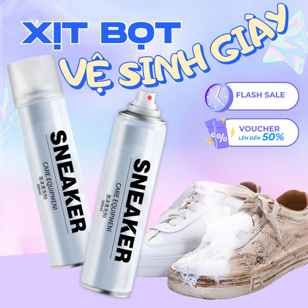 Chai Vệ Sinh Giày Xịt Tạo Bọt Khô 300ml Không Dùng Nước Đánh Bay Vết Bẩn Cứng ĐầuVới 1 Lần