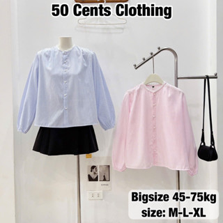 Áo Sơ Mi Cổ Tàu Viền Ren Kẻ Sọc Tay Bồng Có Bigsize 45-75kg Màu Pastel Phong Cách Korea (50 Cents Clothing) #291