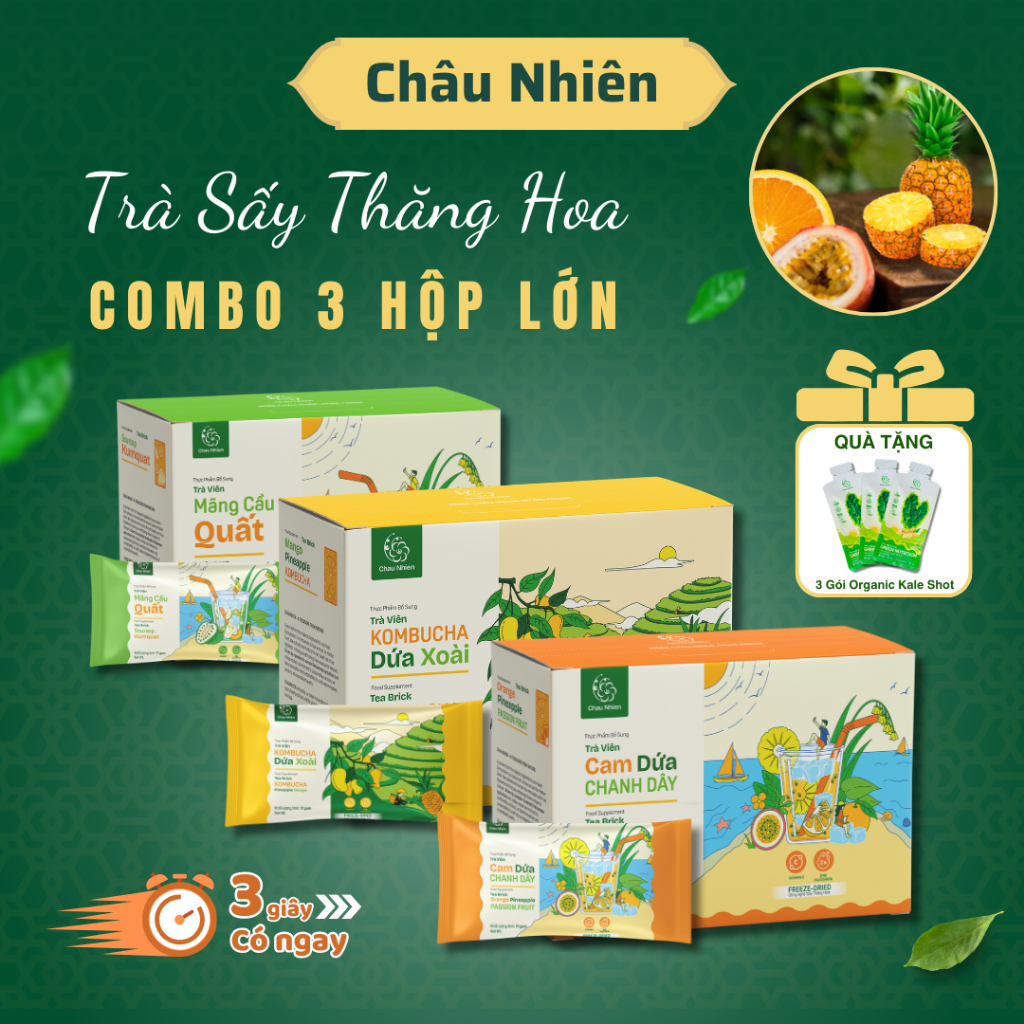 Combo 3 Hộp Trà Trái Cây Sấy Thăng Hoa Châu Nhiên (Cam Dứa Chanh Dây + Mãng Cầu Quất + Kombucha Dứa 