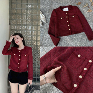  Áo dạ tweed nữ A.674 Áo dạ dáng lửng kim tuyến dài tay cổ tròn 2 túi ngực tua rua phong cách sang chảnh - Shop Chấm Bi 