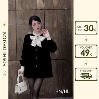 Áo khoác thiết kế hàng cao cấp, áo váy nhung cổ nơ tay phối ren khuy ngọc hai lớp dày dặn tiểu thư - SOSHI DESIGN