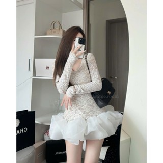 đầm váy nữ ren cố tròn to LANNIE chân váy tơ tùng bồng nhiều, Đầm nữ dài tay cổ tròn ôm body thiết kế TỰ MAY LẠI XƯỞNG