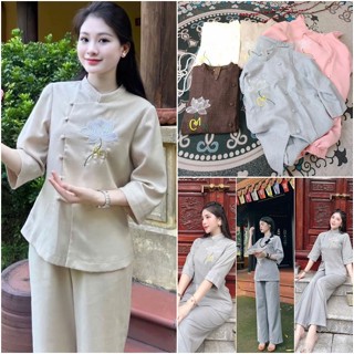 Pháp Phục Đi Chùa, bộ đồ lam nữ Nguyên Set bộ bà ba thêu sen chữ An 03 kéo khóa sau lưng có size chất vân mây mềm mát
