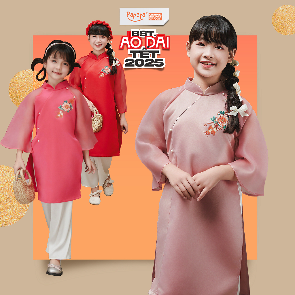 Set Áo dài tết in hoa đón tết Chippo dáng cách tân cho bé gái từ 7 đến 15 Tuổi(23-55Kg) AD hoa trai